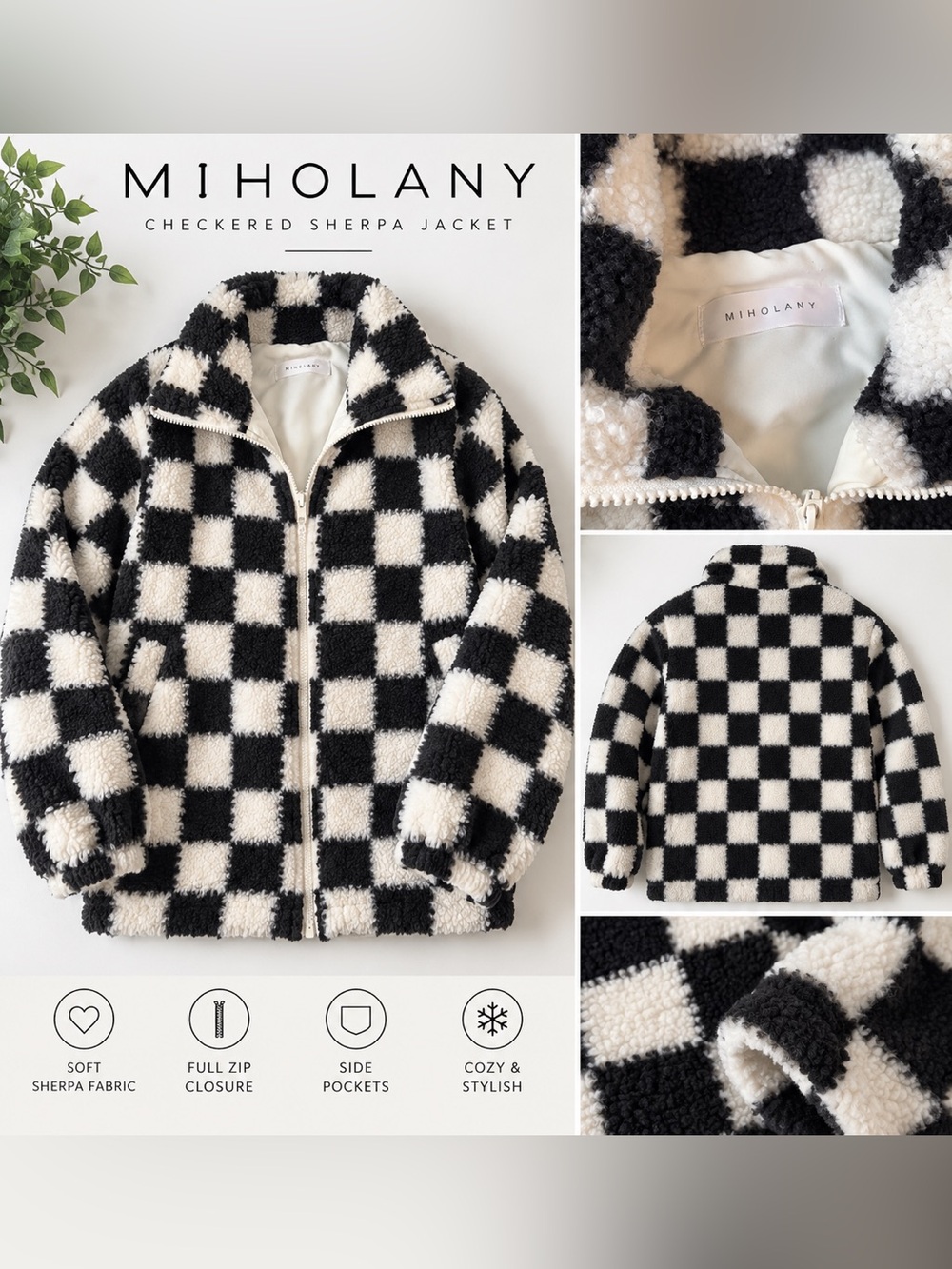 MIHOLANY Checkered Sherpa Cropped Jacket - Black & White